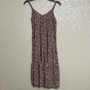 Wild Fable Black Pink Floral V-neck Sleeveless Mini Dress Shirred Tie Back Sz XS